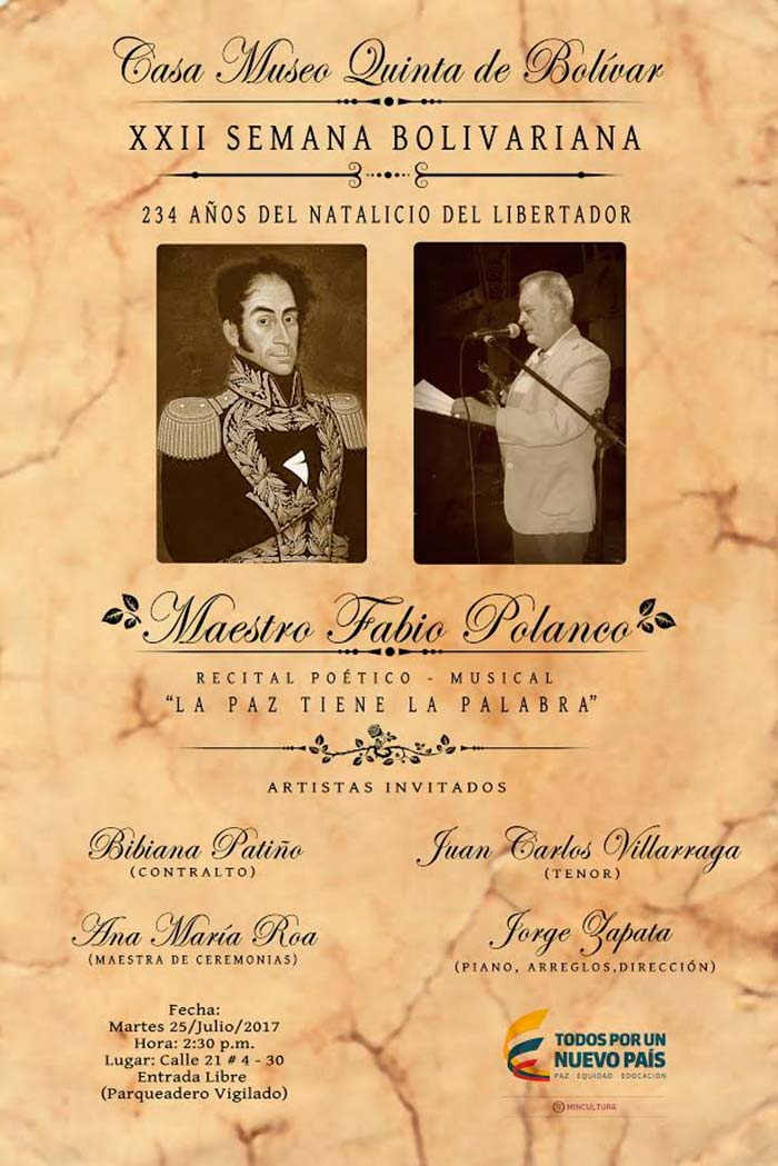 Recital ‘La Paz tiene la Palabra’ en la Casa Museo Quinta de Bolívar