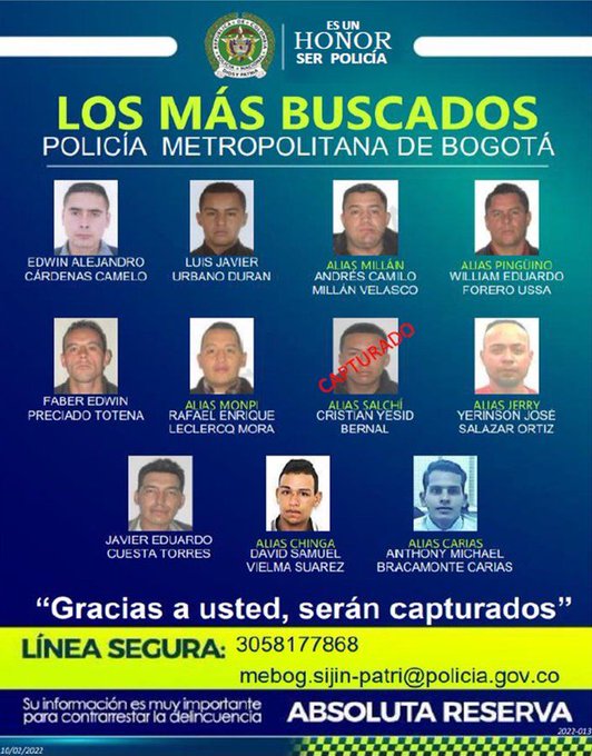 Policía publica cartel con los más buscados por hurto en Bogotá